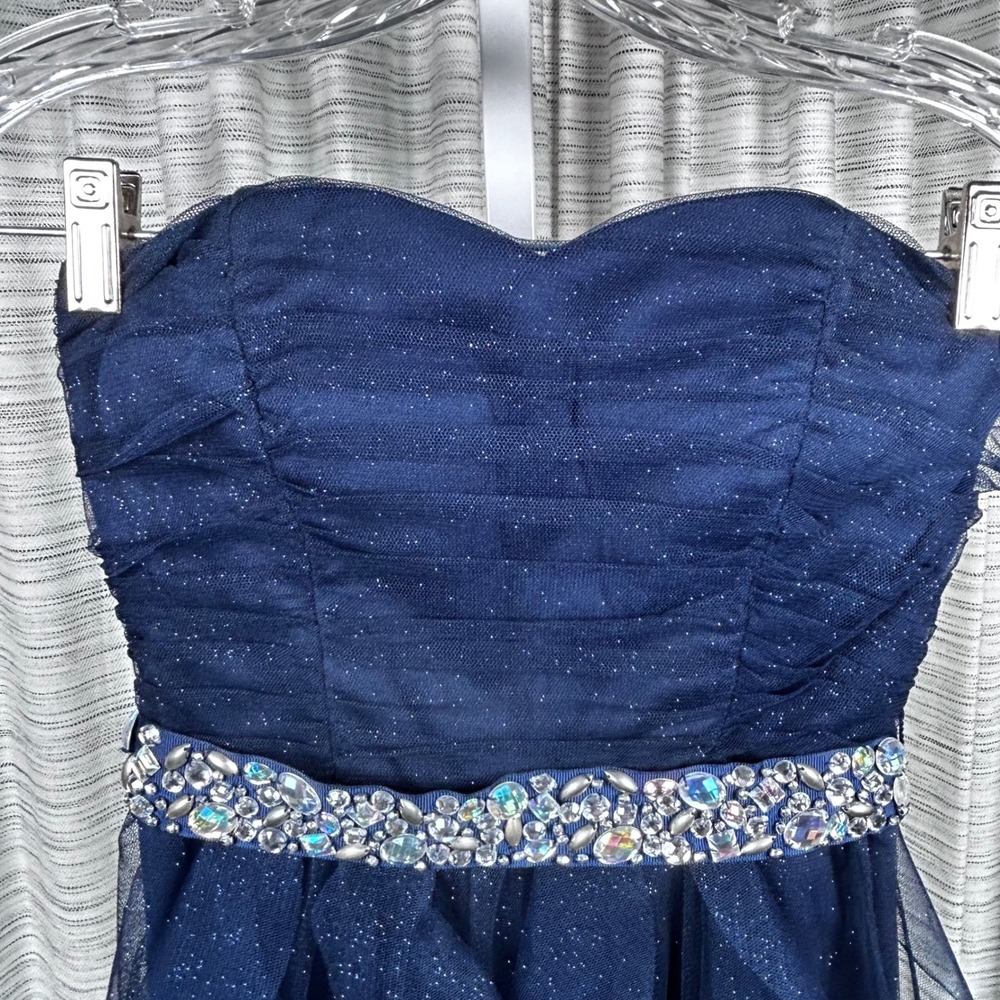Teeze Me Navy Blue Glitter Tulle Strapless Ruffle Party Dress Rhinestone Belt 3 - Picture 6 of 9